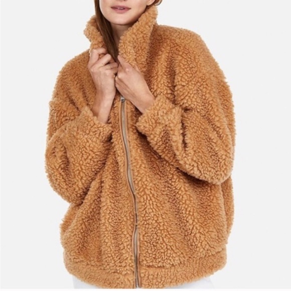 Express Camel Cozy Teddy Jacket Brown Tan Sherpa  Fleece Oversized Zip Size XS - Picture 3 of 14